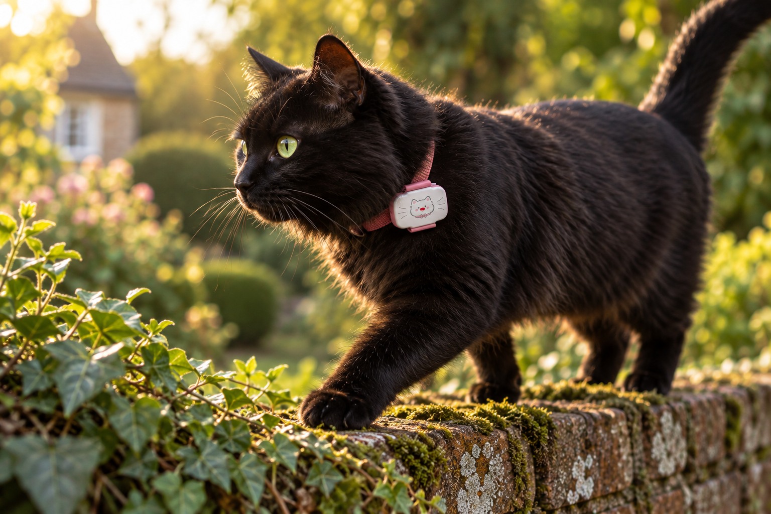 Black cat wearing the PawMap GPS tracker while exploring a garden wall