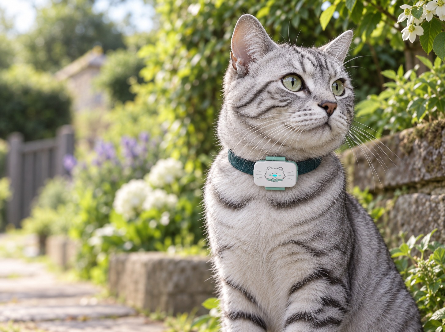 Silver tabby cat wearing a compact PawMap tracker on its collar