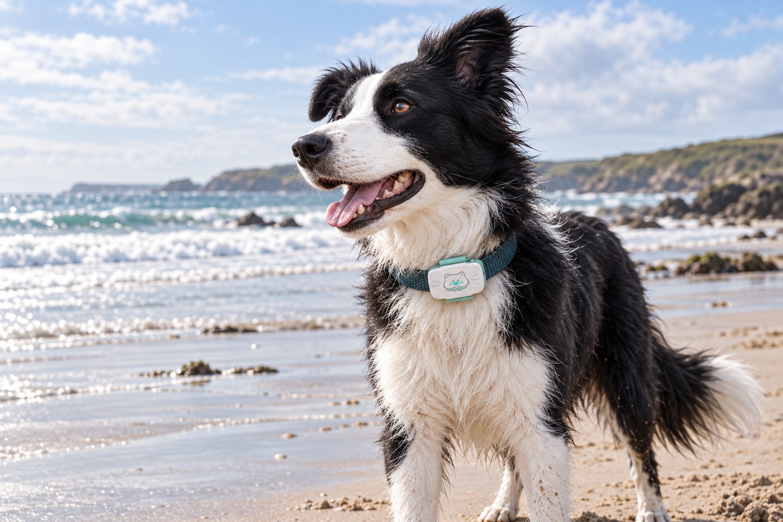 Border collie wearing the PawMap GPS tracker on a beach