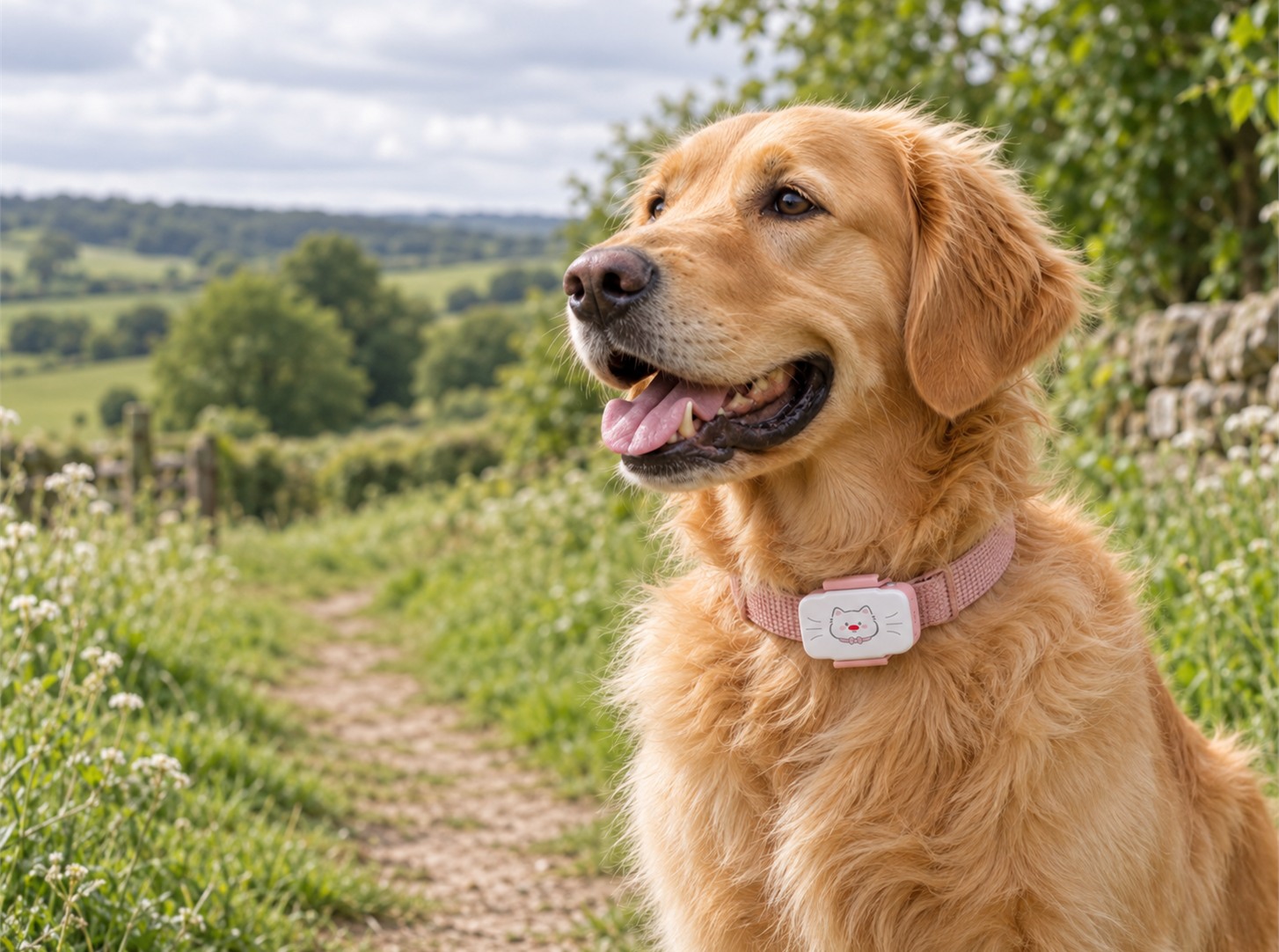 Golden retriever wearing a compact PawMap tracker on its collar