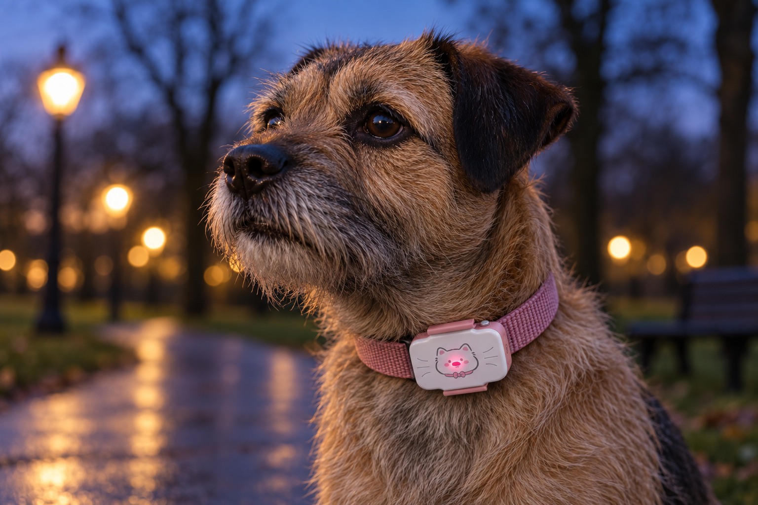 Border terrier wearing an illuminated PawMap tracker during an evening walk