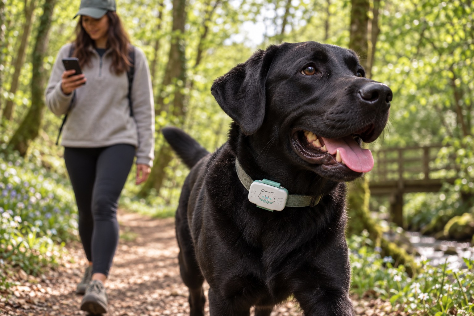 Labrador wearing a PawMap tracker while its owner checks location on a phone