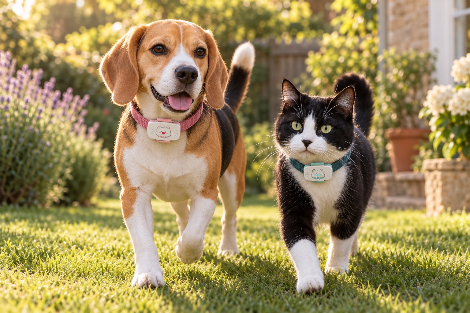 Beagle and black-and-white cat wearing PawMap GPS trackers